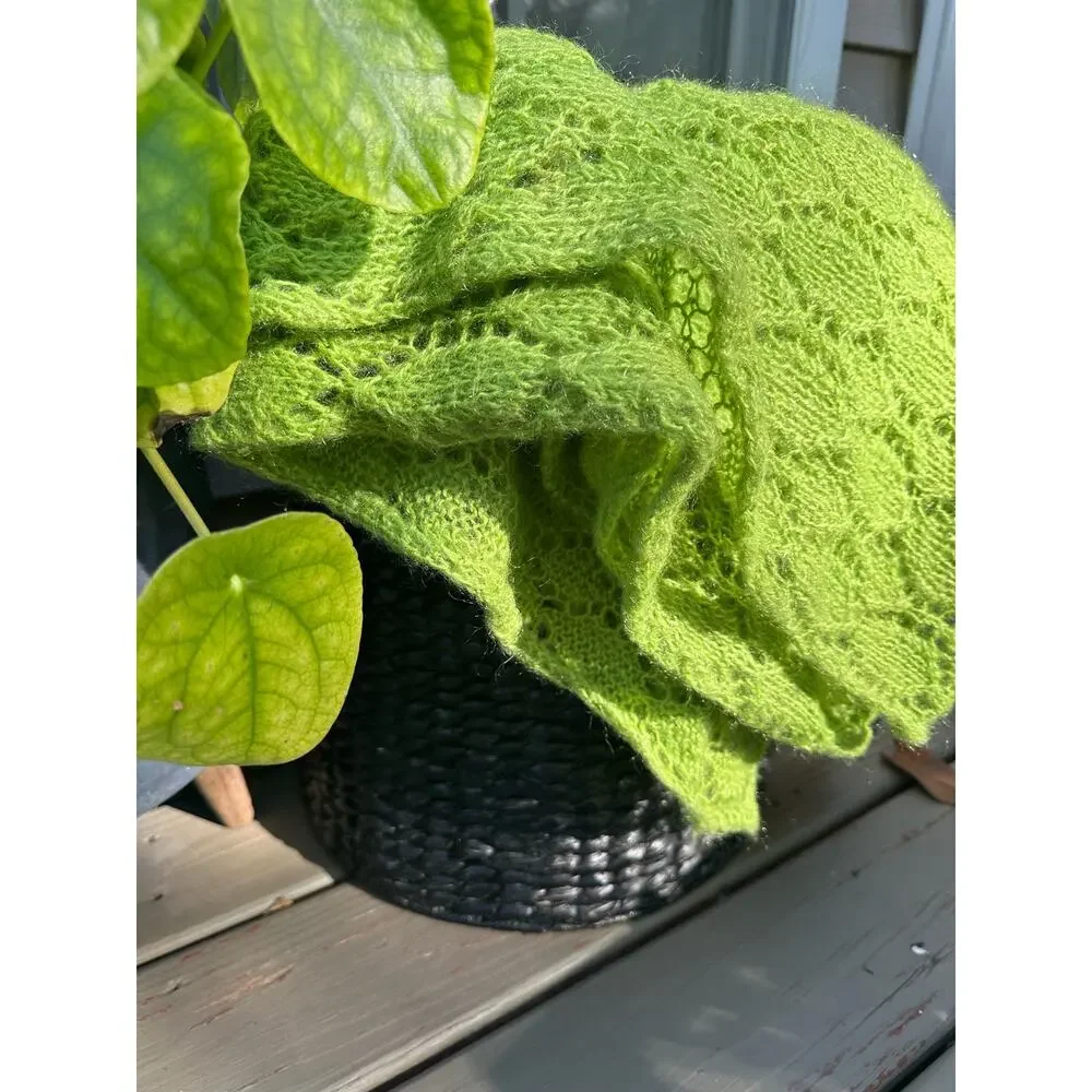 Mohair Wool Crochet Blanket lime green Hand Made Diamond Knit Throw 44x90” shawl